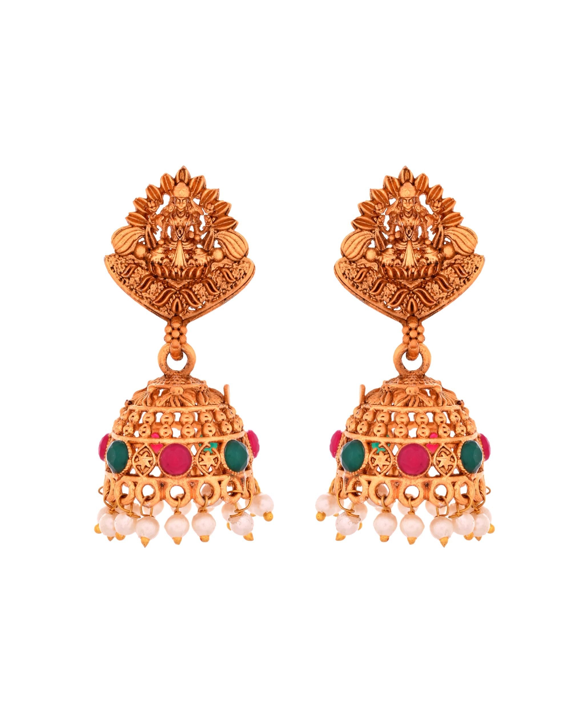 VOJ Gold Polished Beaded Temple Jewellery Set | Grocsy