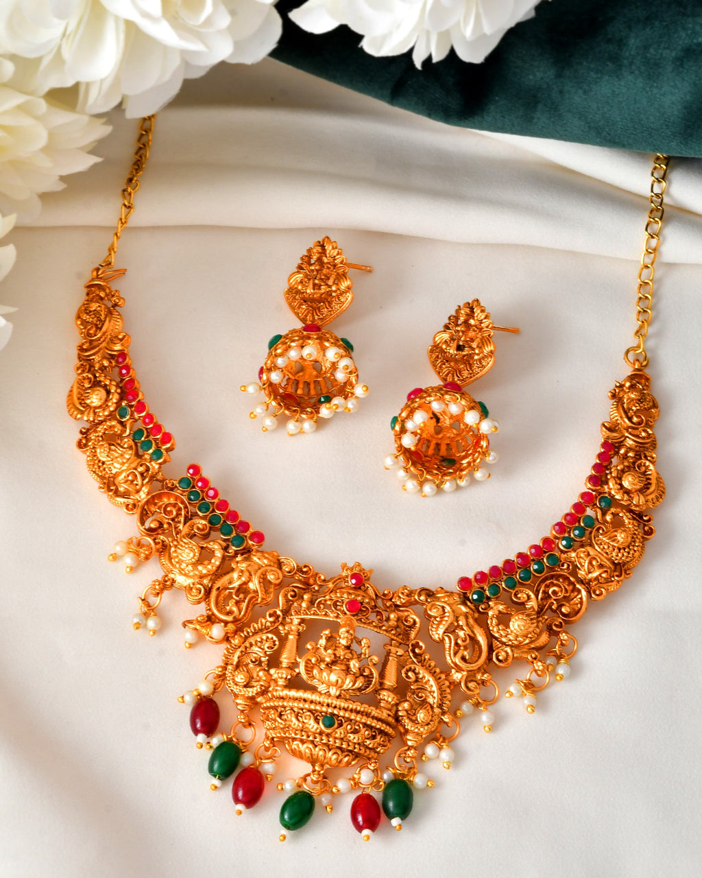 VOJ Gold Polished Beaded Temple Jewellery Set | Grocsy