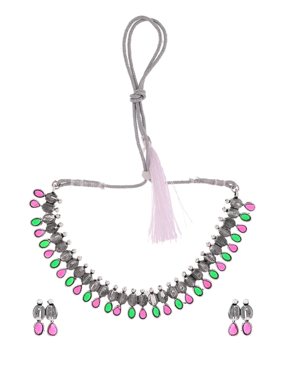 VOJ Oxidized Silver Toned Green And Pink Stone Studded Jewellery Set