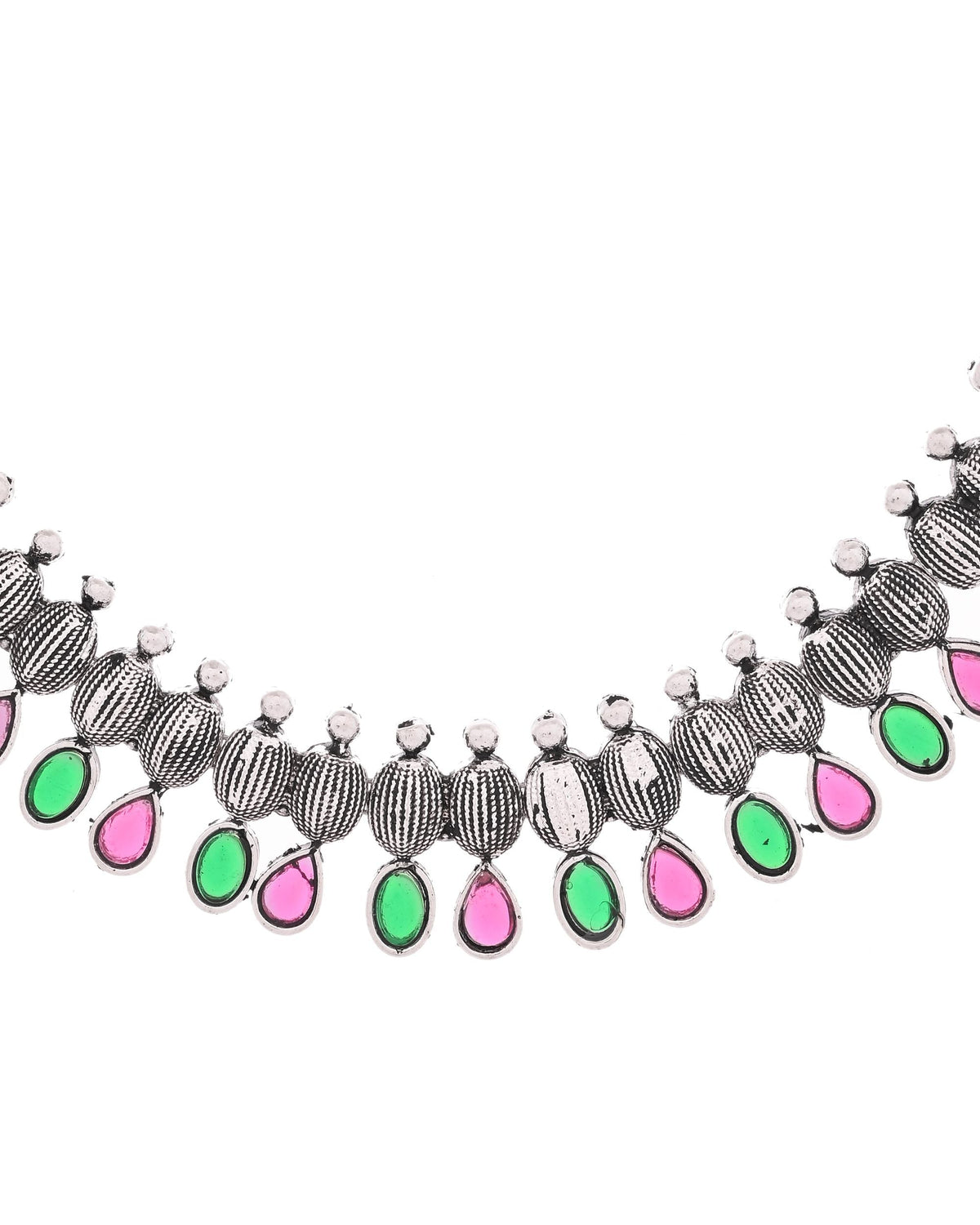 VOJ Oxidized Silver Toned Green And Pink Stone Studded Jewellery Set