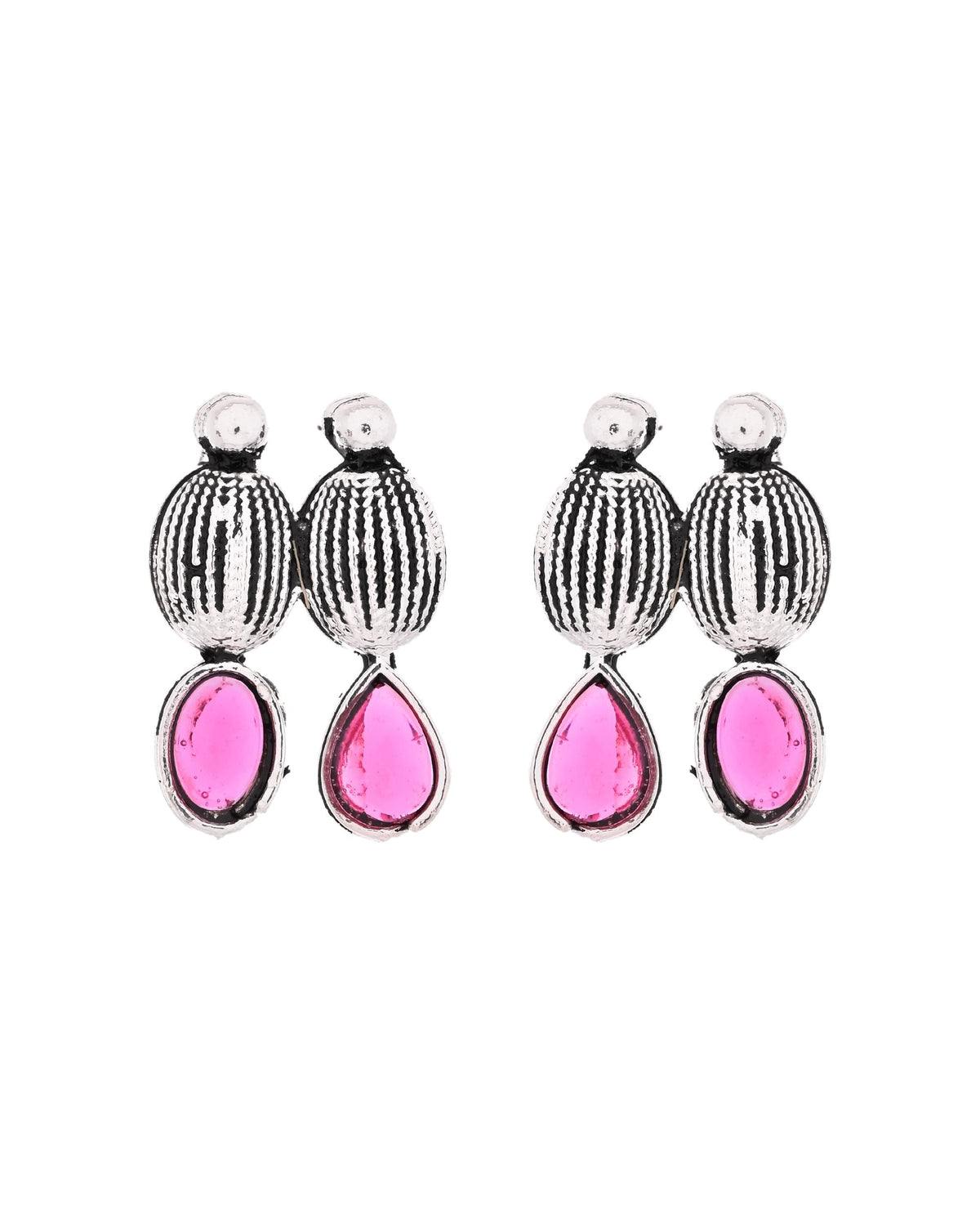 VOJ Oxidized Silver Toned Green And Pink Stone Studded Jewellery Set