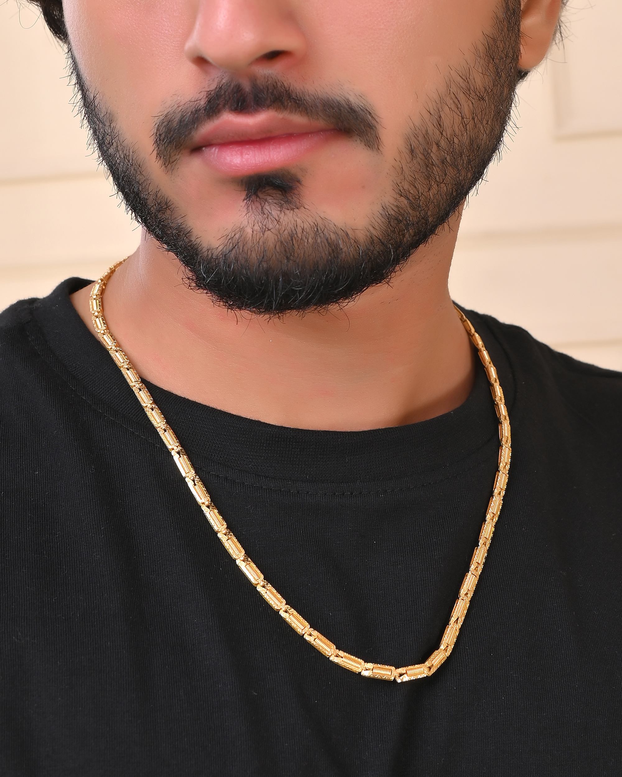 VOJ Men Gold Polished Textured Link Chain | Grocsy