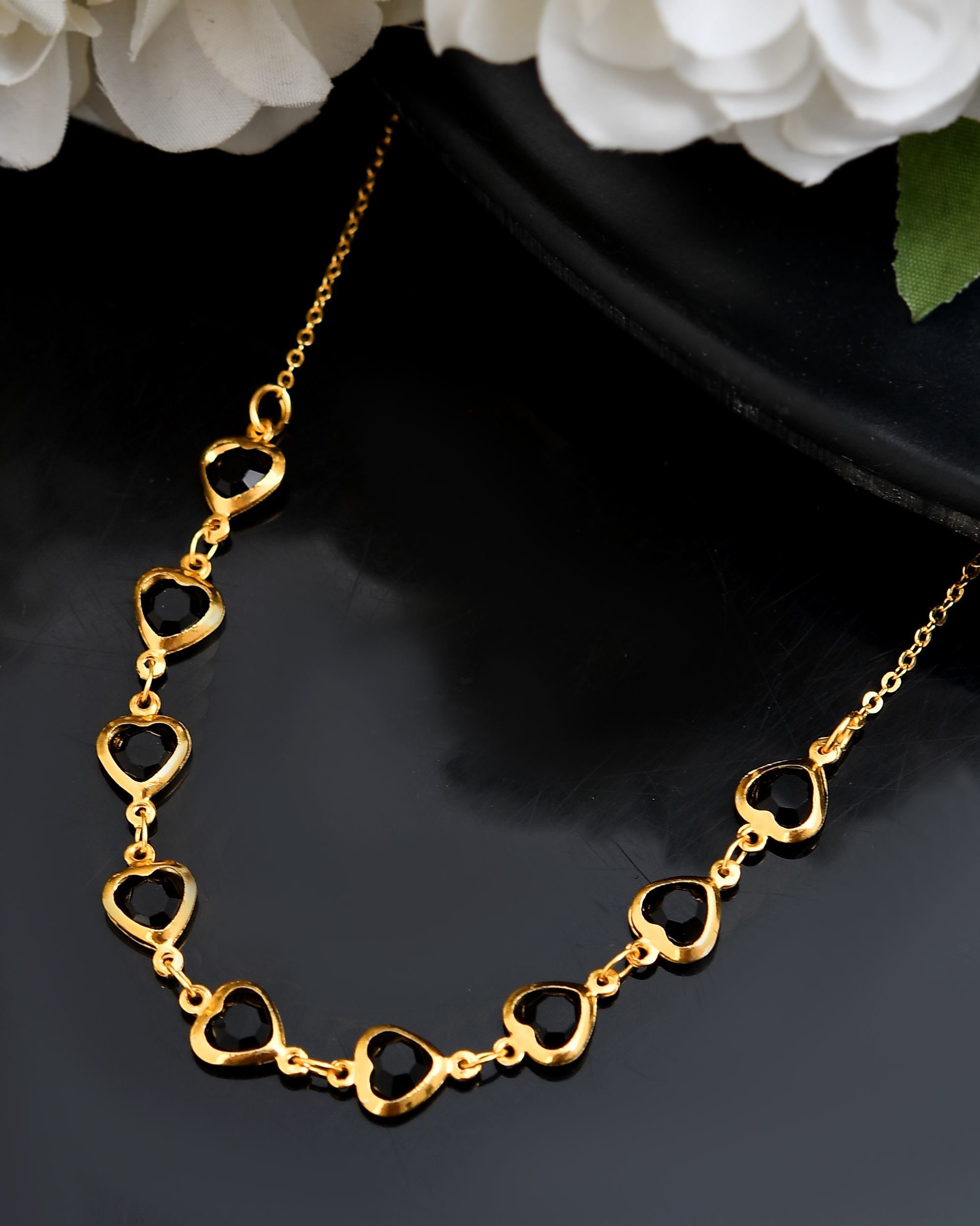 VOJ Gold Polished Stainless Steel Black Hear Shaped Stone Chain | Grocsy