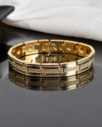 VOJ Men Gold-Toned Stainless Steel Grid Pattern Chain Bracelet