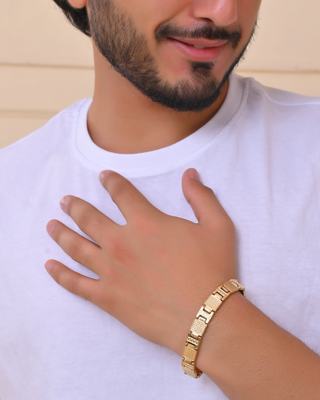 VOJ Men Gold-Toned Stainless Steel Textured Chain Bracelet