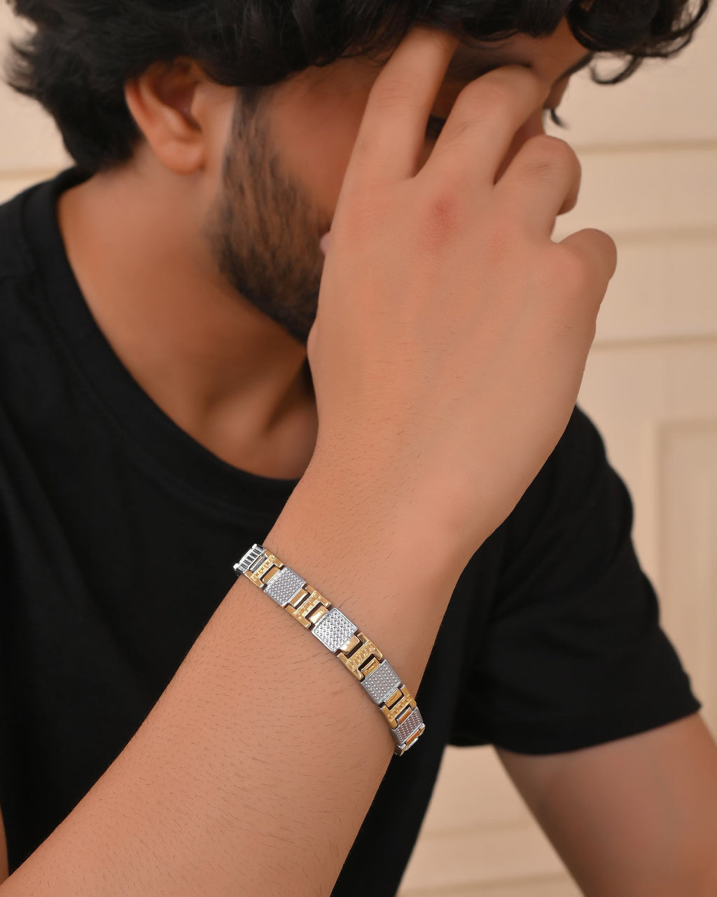 VOJ Men Dual-Toned Stainless Steel Textured Chain Bracelet | Grocsy