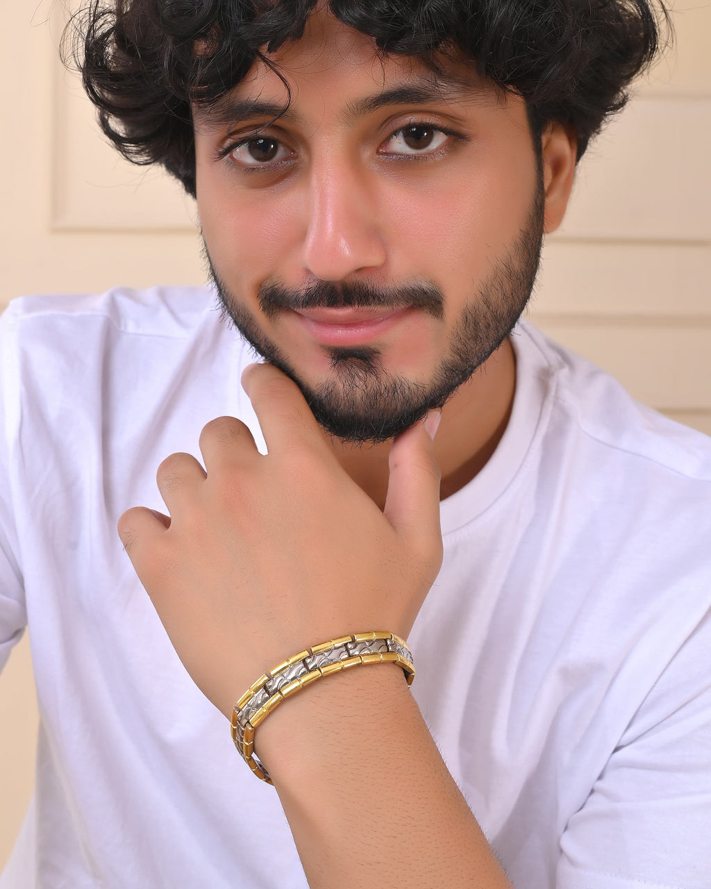 VOJ Silver And Gold Polished Textural Designed Linked Shaped Men's Bracelet | Grocsy