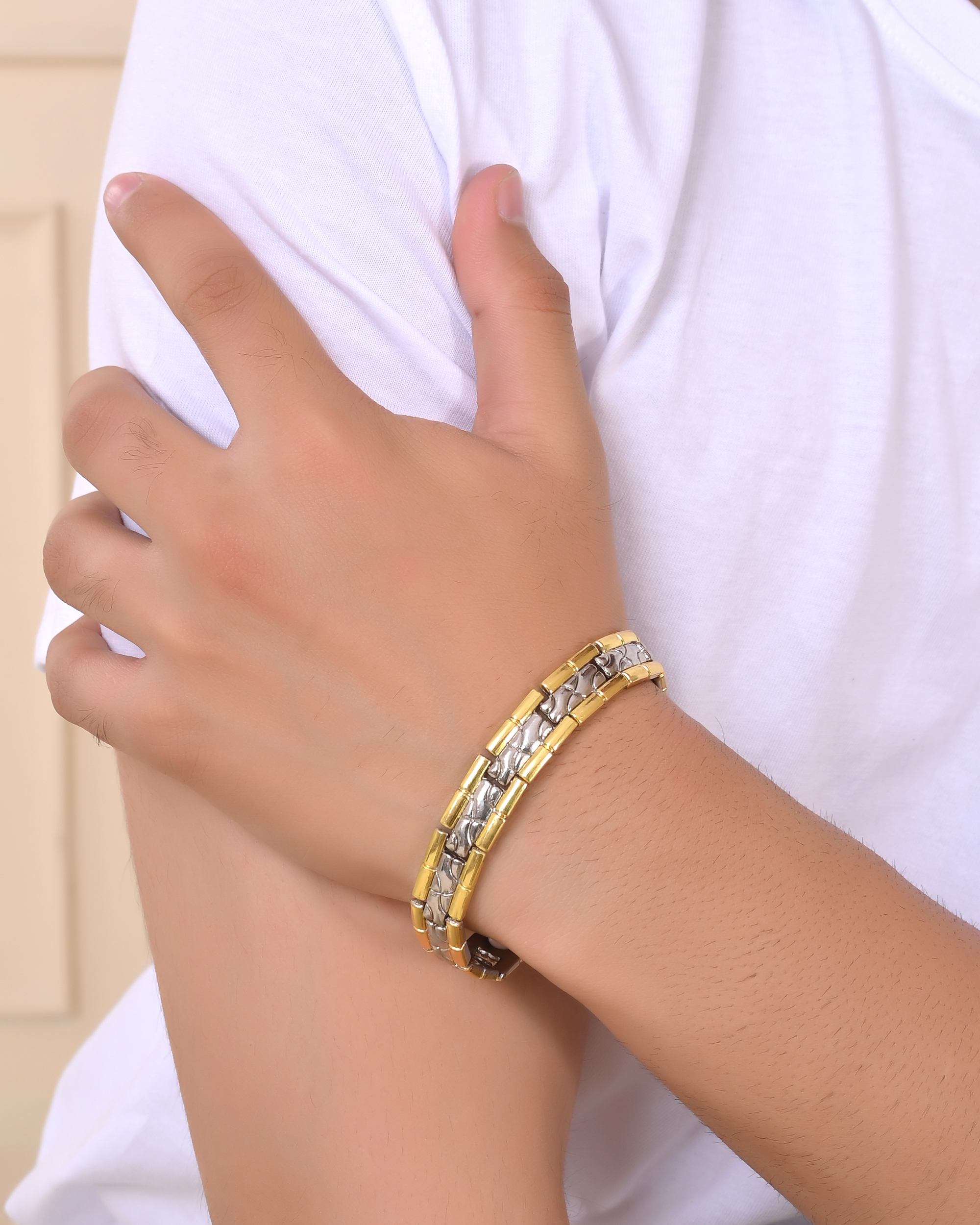 VOJ Silver And Gold Polished Textural Designed Linked Shaped Men's Bracelet | Grocsy