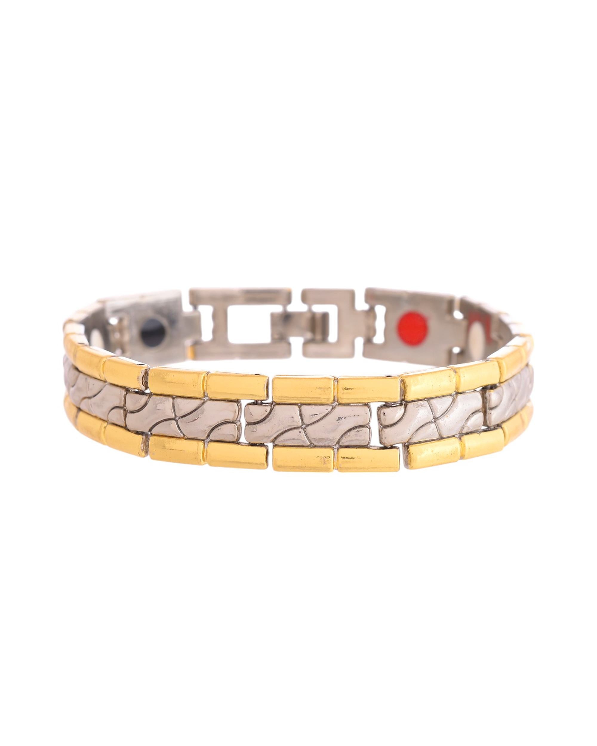 VOJ Silver And Gold Polished Textural Designed Linked Shaped Men's Bracelet | Grocsy