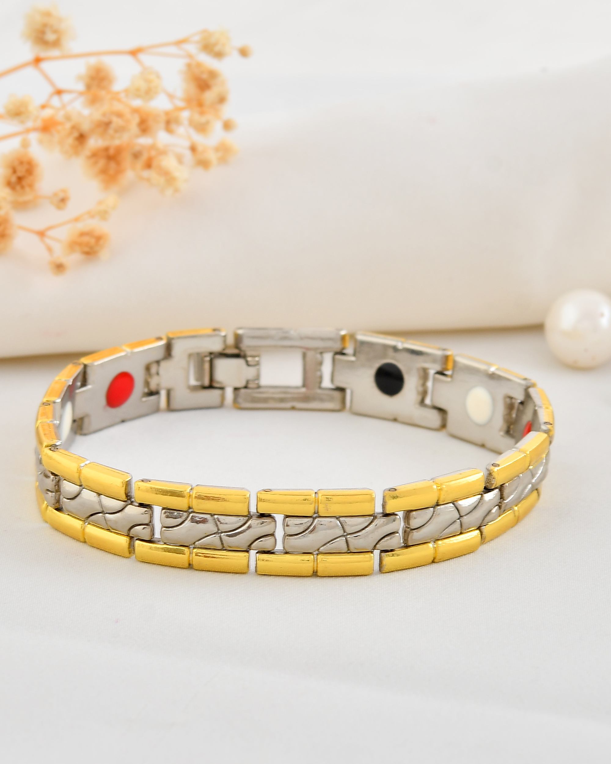 VOJ Silver And Gold Polished Textural Designed Linked Shaped Men's Bracelet | Grocsy