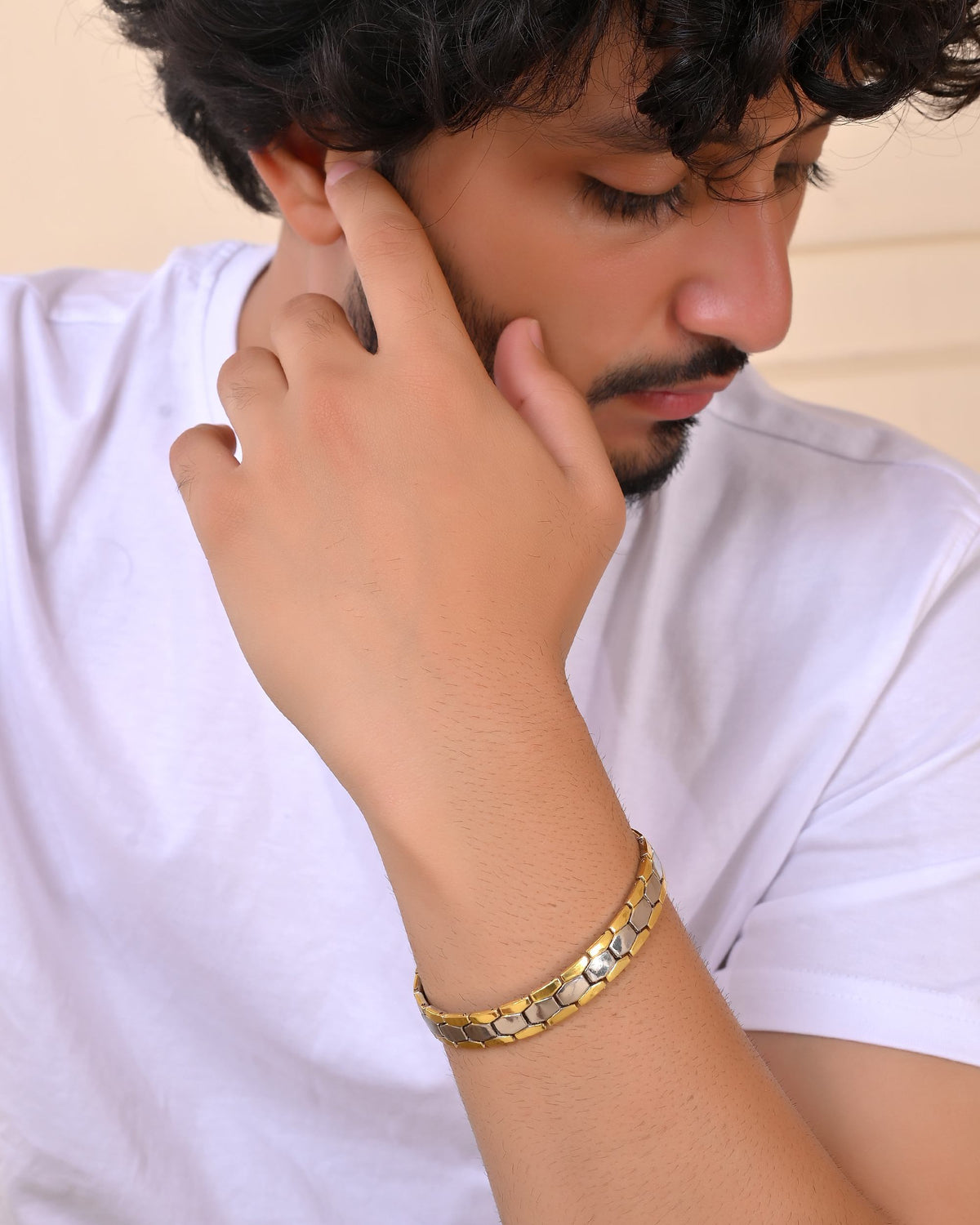 VOJ Silver And Gold Polished Minimal Geometrical Shaped Men's Bracelet | Grocsy