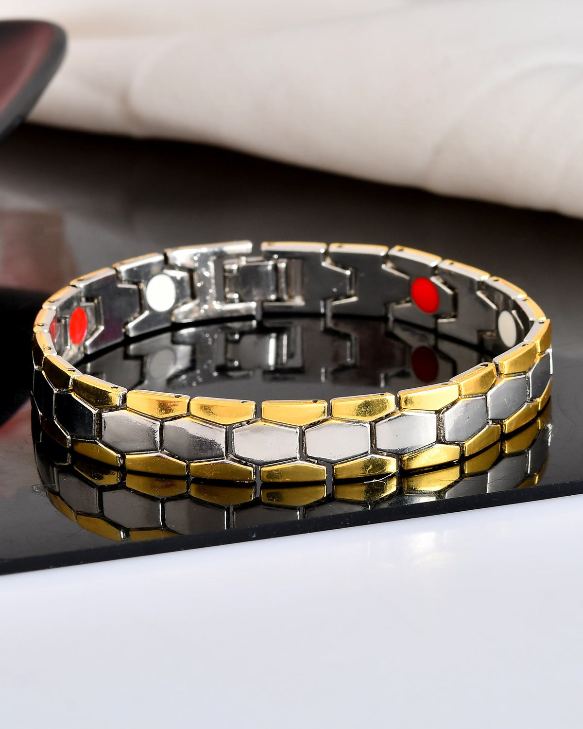 VOJ Silver And Gold Polished Minimal Geometrical Shaped Men's Bracelet | Grocsy