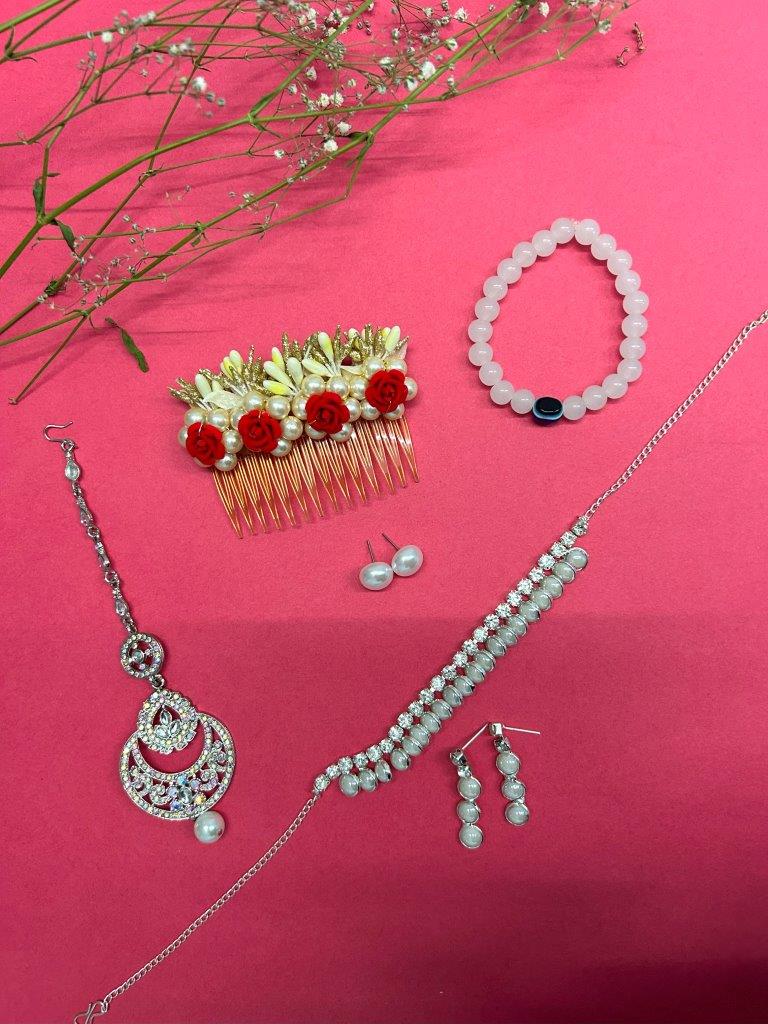VOJ Valantine Gift Set of Silver Plated and Pearl Jewellery | Grocsy