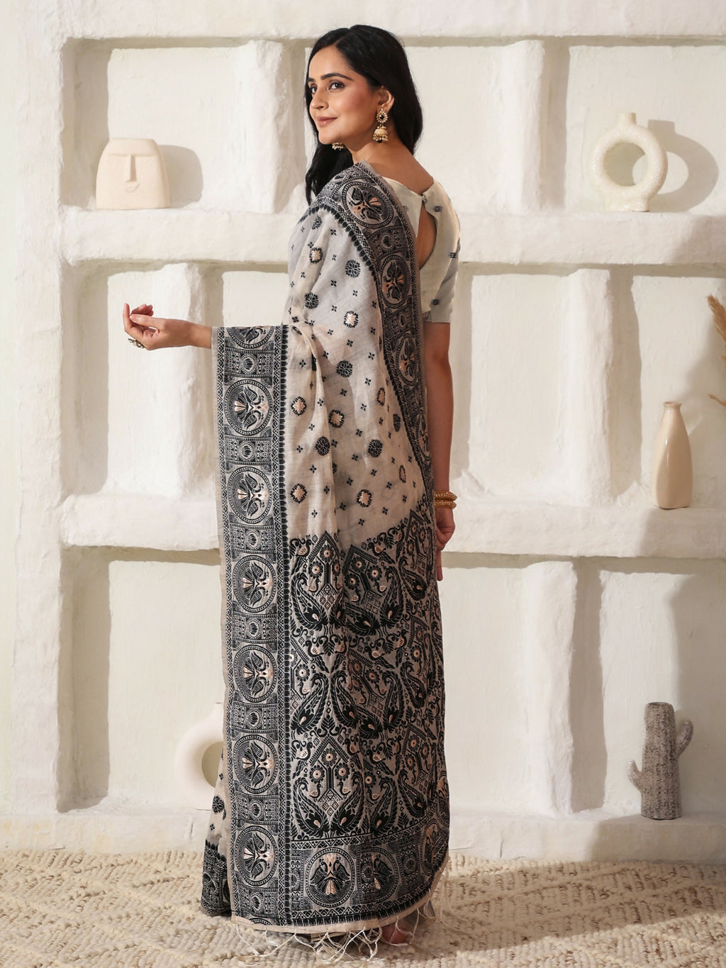 Shree Shyam Fashion Linen Cotton Black & Cream Saree | Grocsy