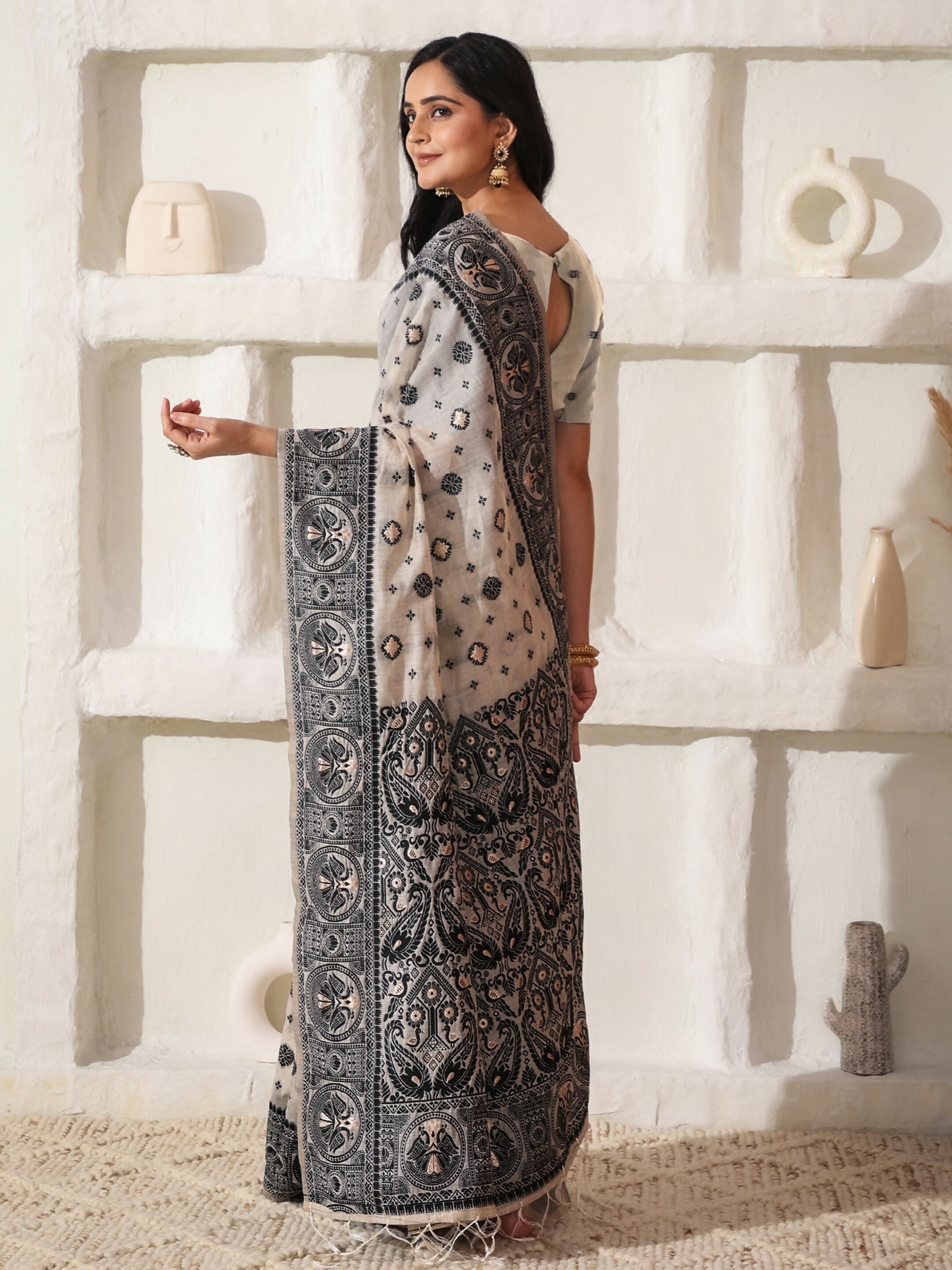 Shree Shyam Fashion Linen Cotton Black & Cream Saree | Grocsy