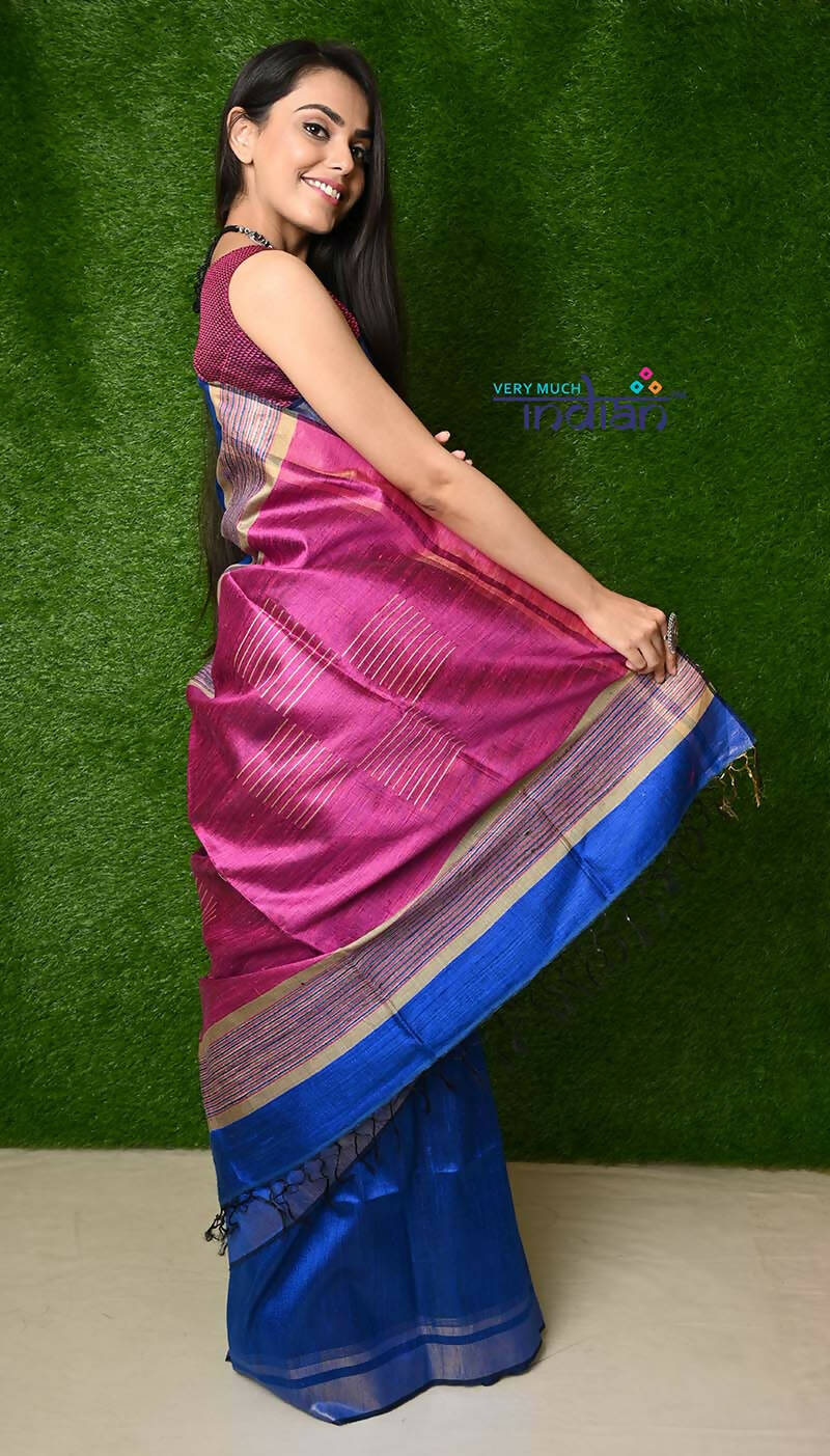 Very Much Indian Handwoven Raw Silk Dupion Saree - Cobalt Blue With Purple Pallu | Grocsy