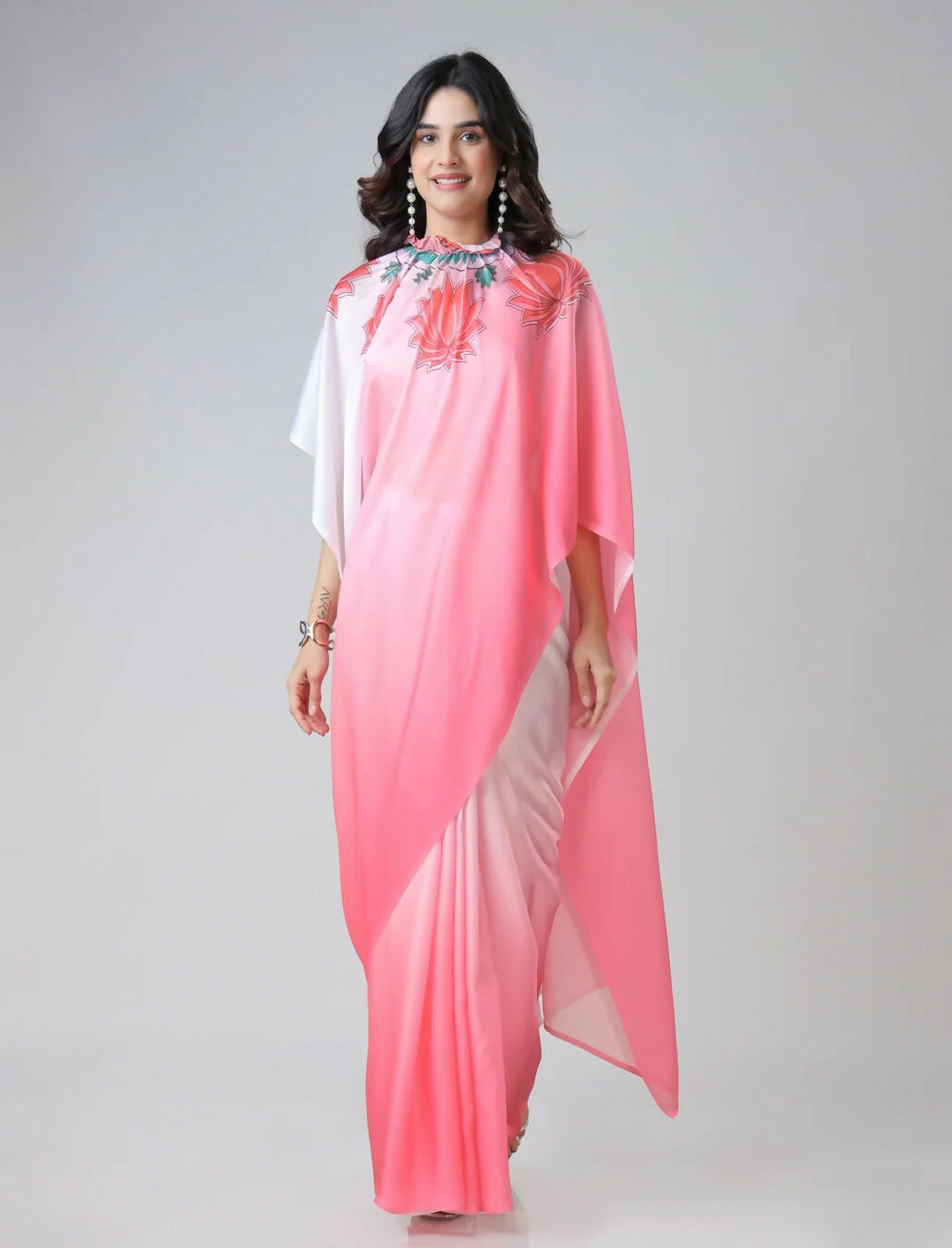 Vastranavya Blush Pink Freehand Floral Print Ready to Wear Saree | Grocsy