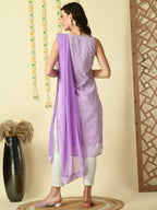 Myshka Women's Lavender Georgette Sleeveless Straight Party Kurta With Dupatta Set | Grocsy