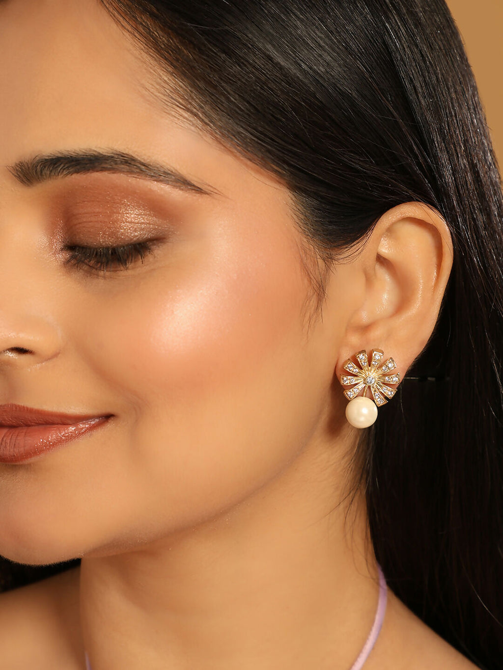 Nuyug 22K Gold-Plated Pearl Drop Zircon Floral Shaped Mini Stud Earrings | Grocsy