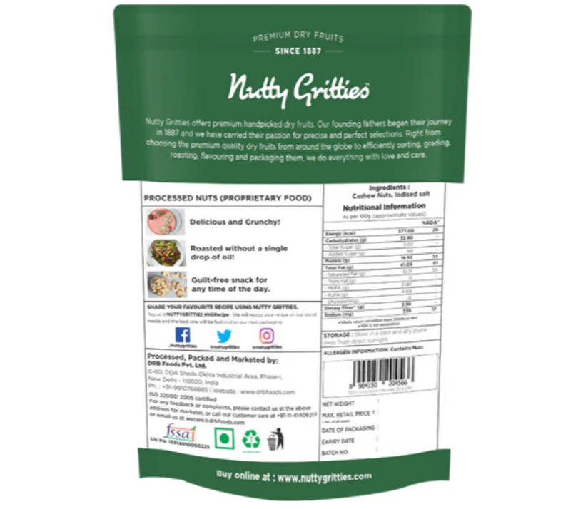 Nutty Gritties Jumbo Roasted Cashew Nuts Lightly Salted | Grocsy