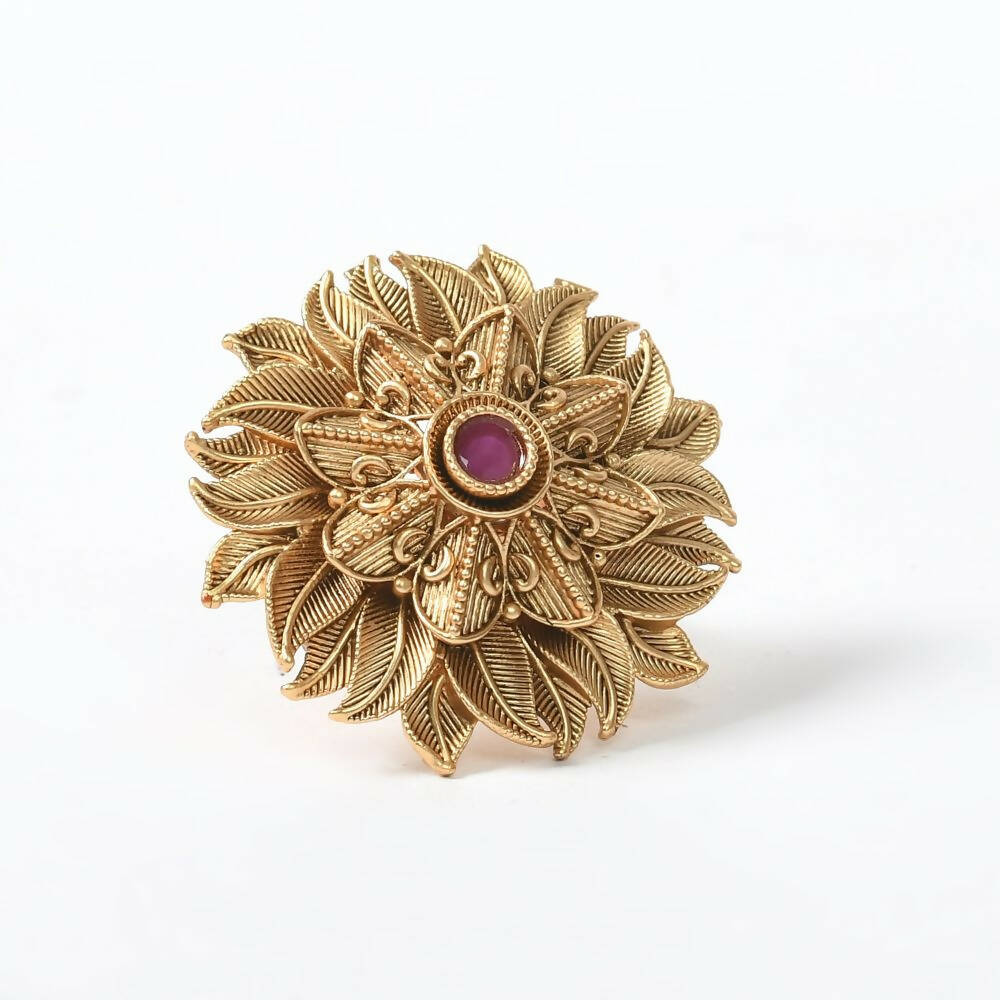 Mominos Fashion Joharkamal Gold-Polished Stone Studded Adjustable Finger Ring - Design 12 | Grocsy