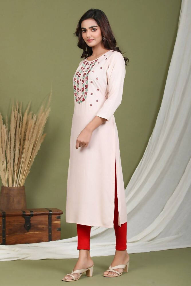 Yufta Women Pink Yoke Design Embroidered Kurta | Grocsy