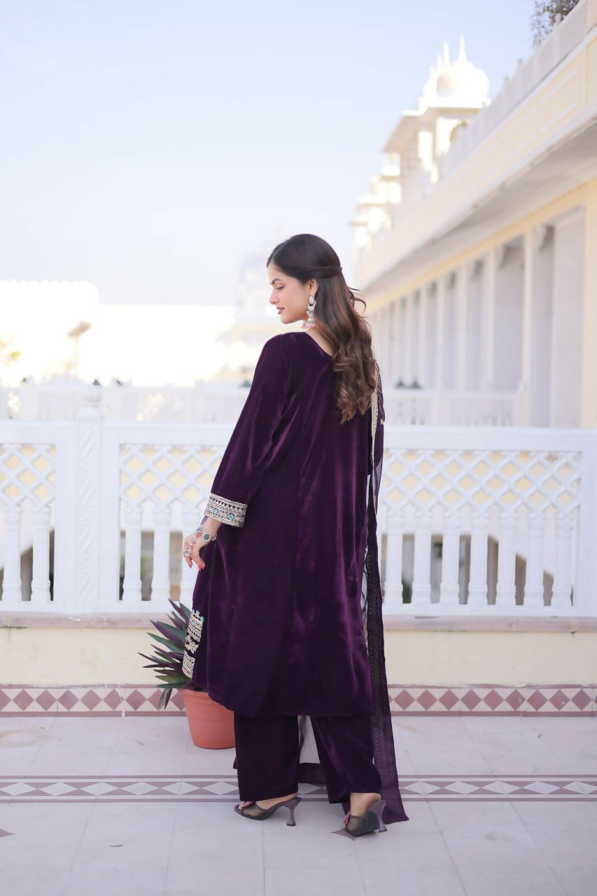 Teeya Creation Womens New Wine Velvet With Rich Zari Coding Embroidered Work Kurta Pant Dupatta Set | Grocsy