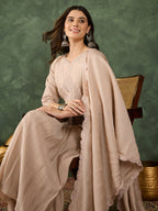 The52 Women's Beautiful Embroidery Work Silk Fabric Straight Kurta Palazzo and Dupatta Set-Beige | Grocsy