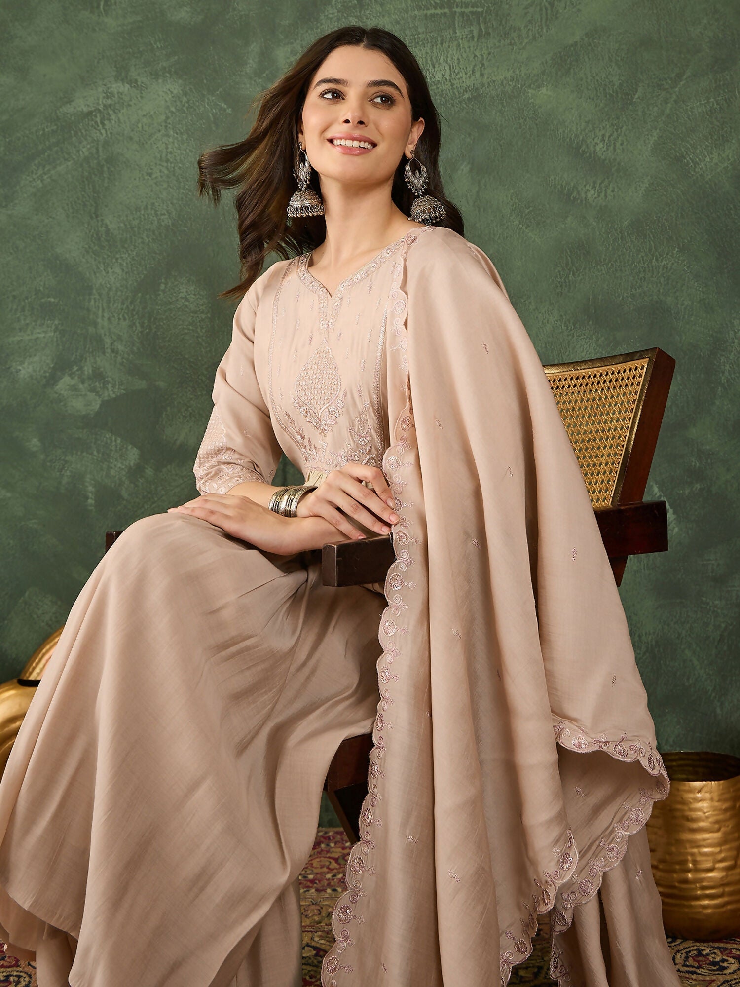The52 Women's Beautiful Embroidery Work Silk Fabric Straight Kurta Palazzo and Dupatta Set-Beige | Grocsy