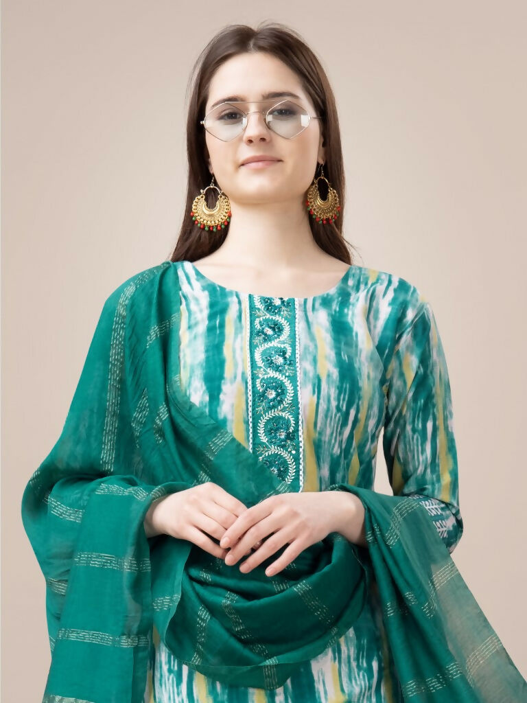 Jyoti Fashion Women's Teal Rayon Print with Embroidery & Fancy Lace Work Kurta with Trouser & Dupatta | Grocsy