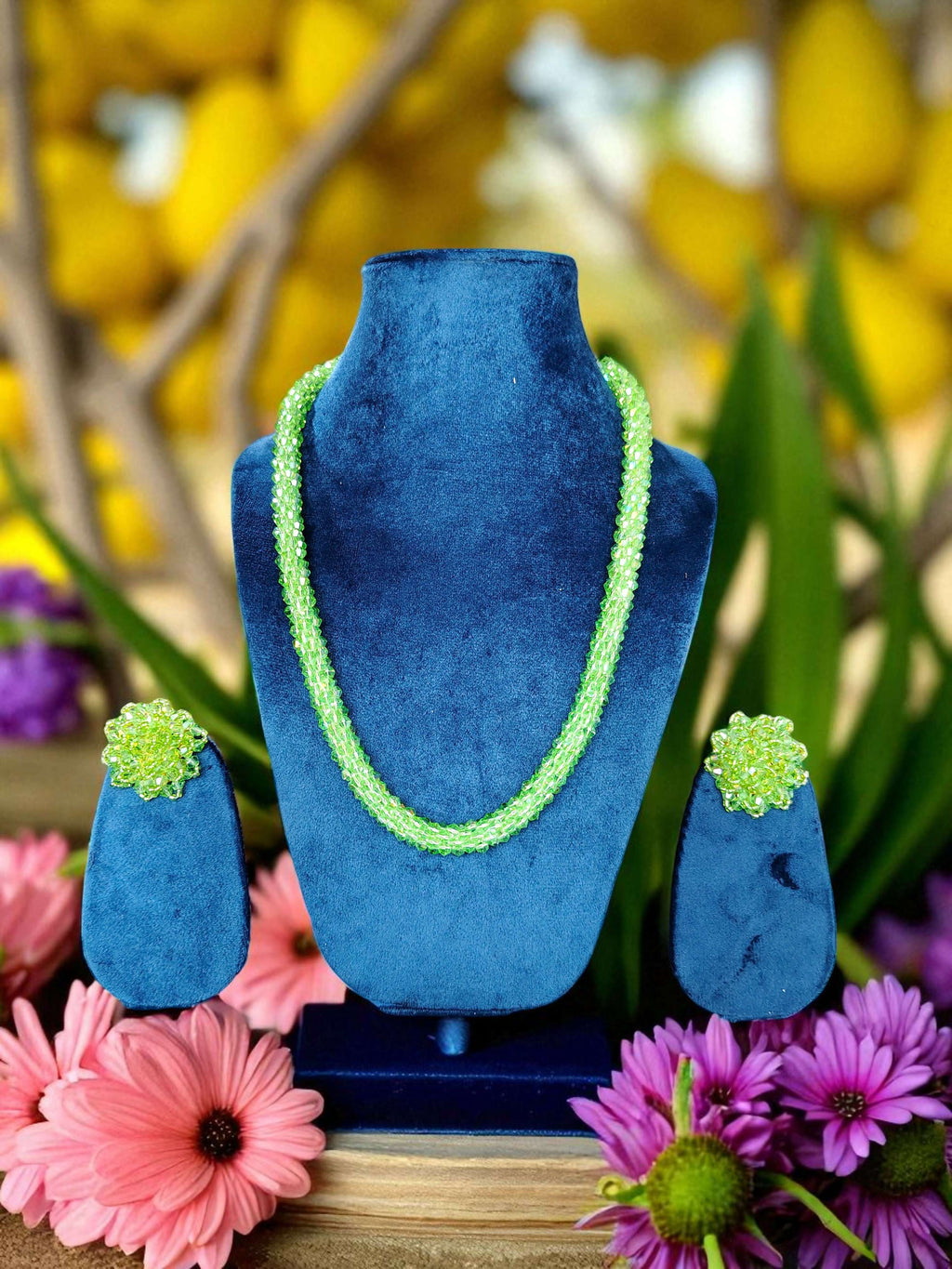 Inhanns Noor-E-Jalwa – Handmade Crystal Bead Necklace / Necklace With Earrings -Adjustable - Pista Green | Grocsy