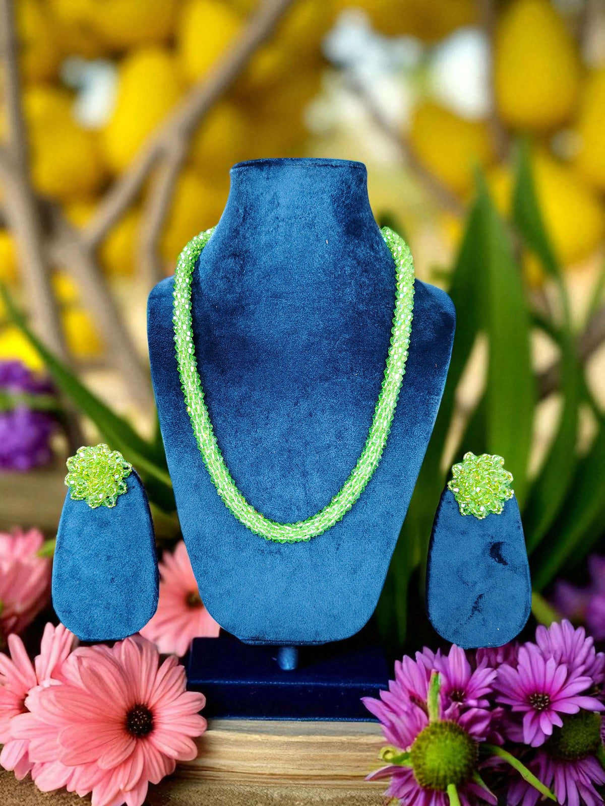 Inhanns Noor-E-Jalwa – Handmade Crystal Bead Necklace / Necklace With Earrings -Adjustable - Pista Green | Grocsy