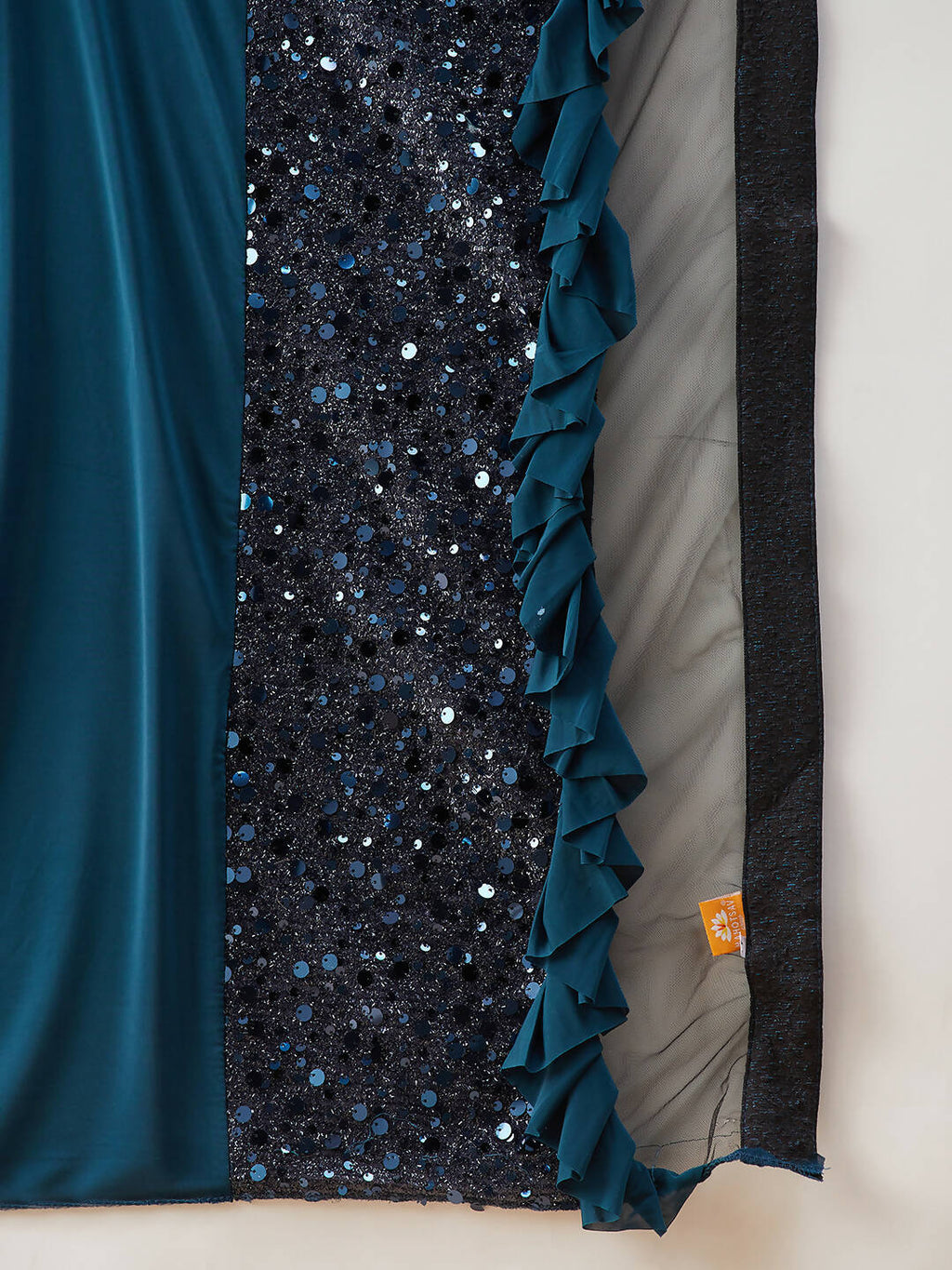 Peacock Blue Lycra Sequins Fabric. Frill Details, Handwork Buttis Saree - Norita Hit Design | Grocsy