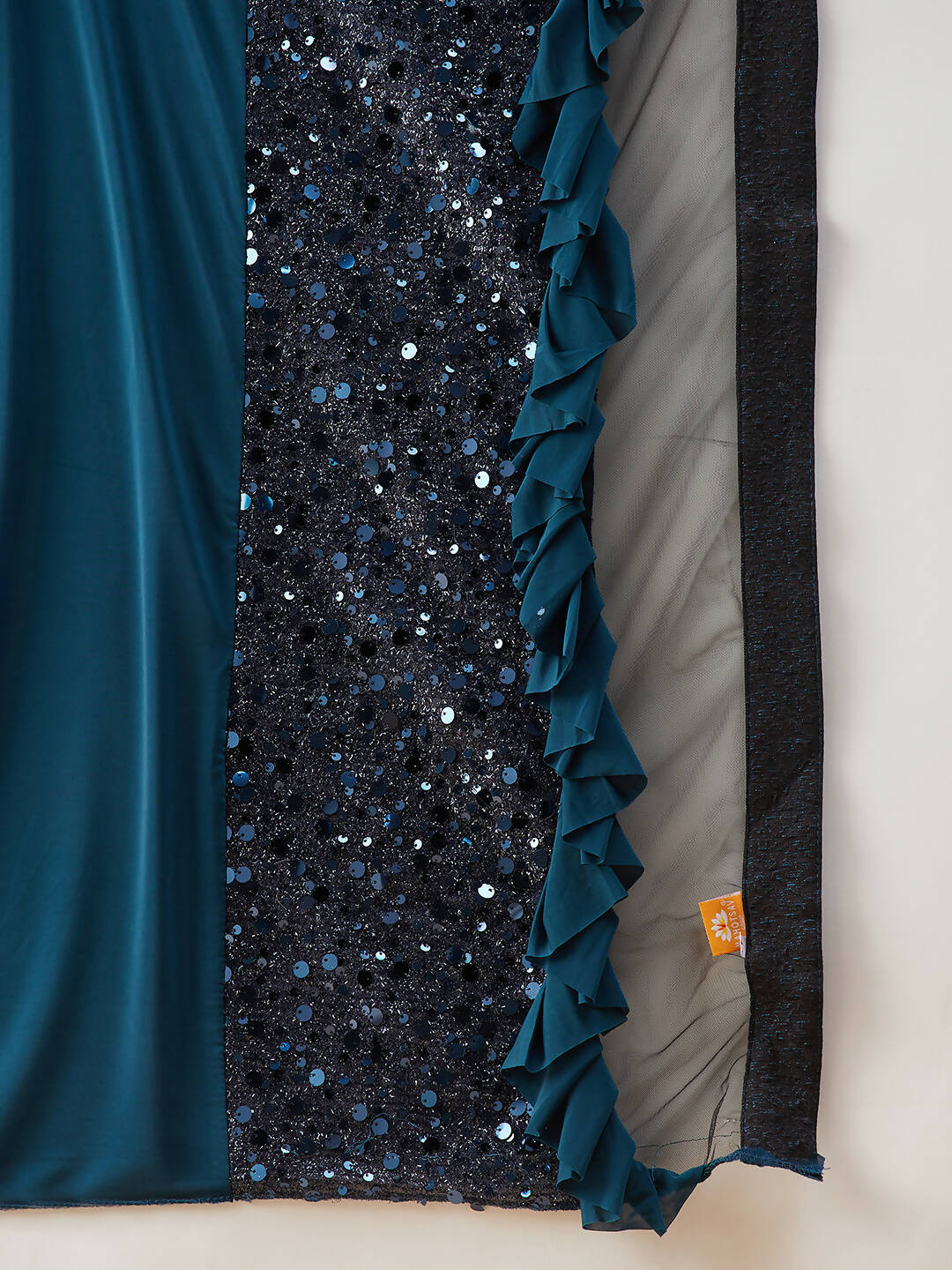 Peacock Blue Lycra Sequins Fabric. Frill Details, Handwork Buttis Saree - Norita Hit Design | Grocsy