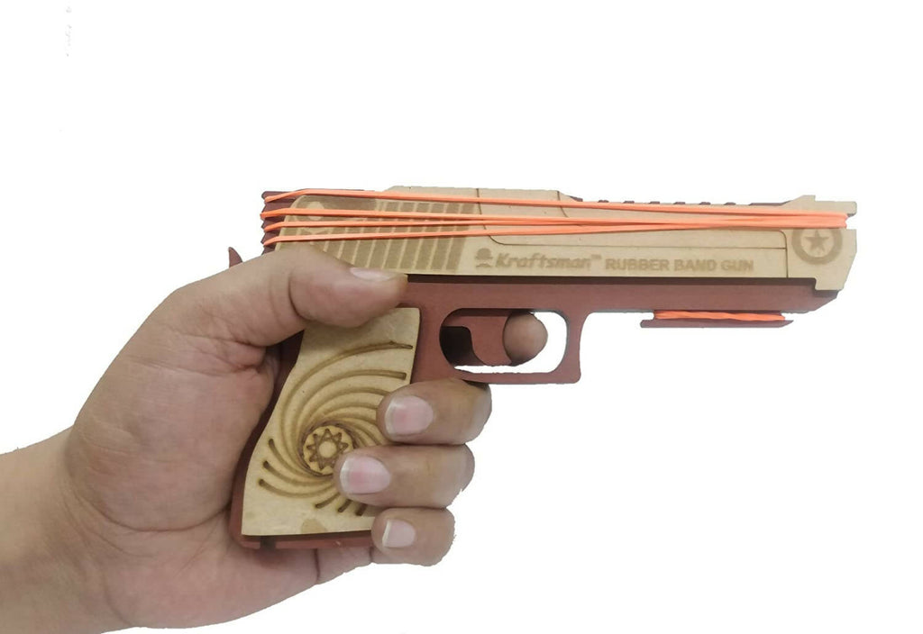 Kraftsman Kraftsman Semi-Automatic Wooden Rubber Band Shooting Gun Toys for Kids & Adults with Target | 5 Rapid Fire Shots (Dark Brown) | Grocsy