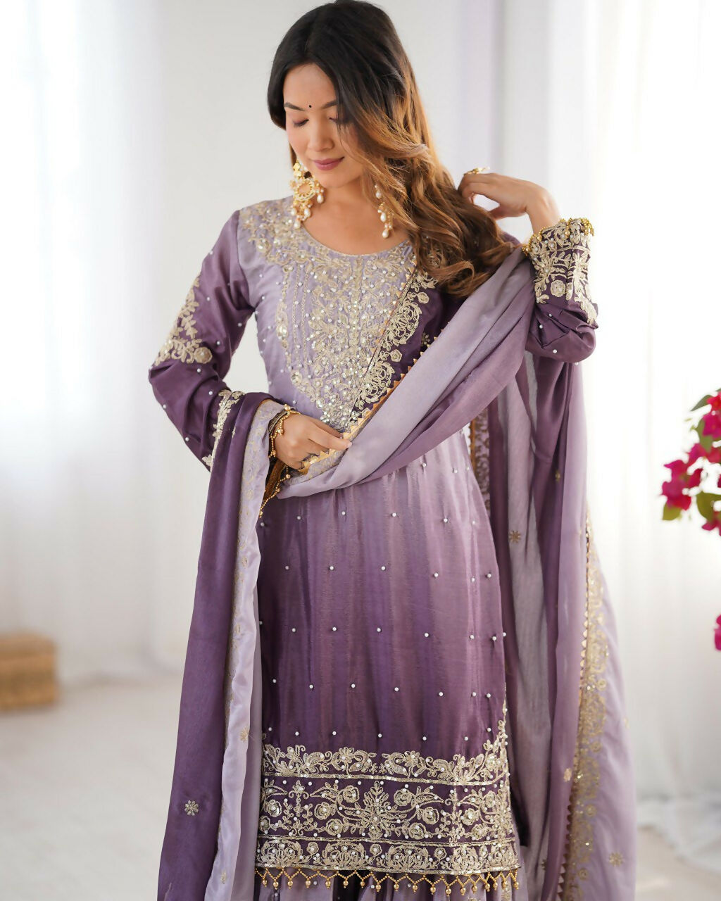 The52 Women's Beautiful Chinon silk Fabric Embroidery Work Straight Kurta Palazzo and Dupatta Set | Grocsy