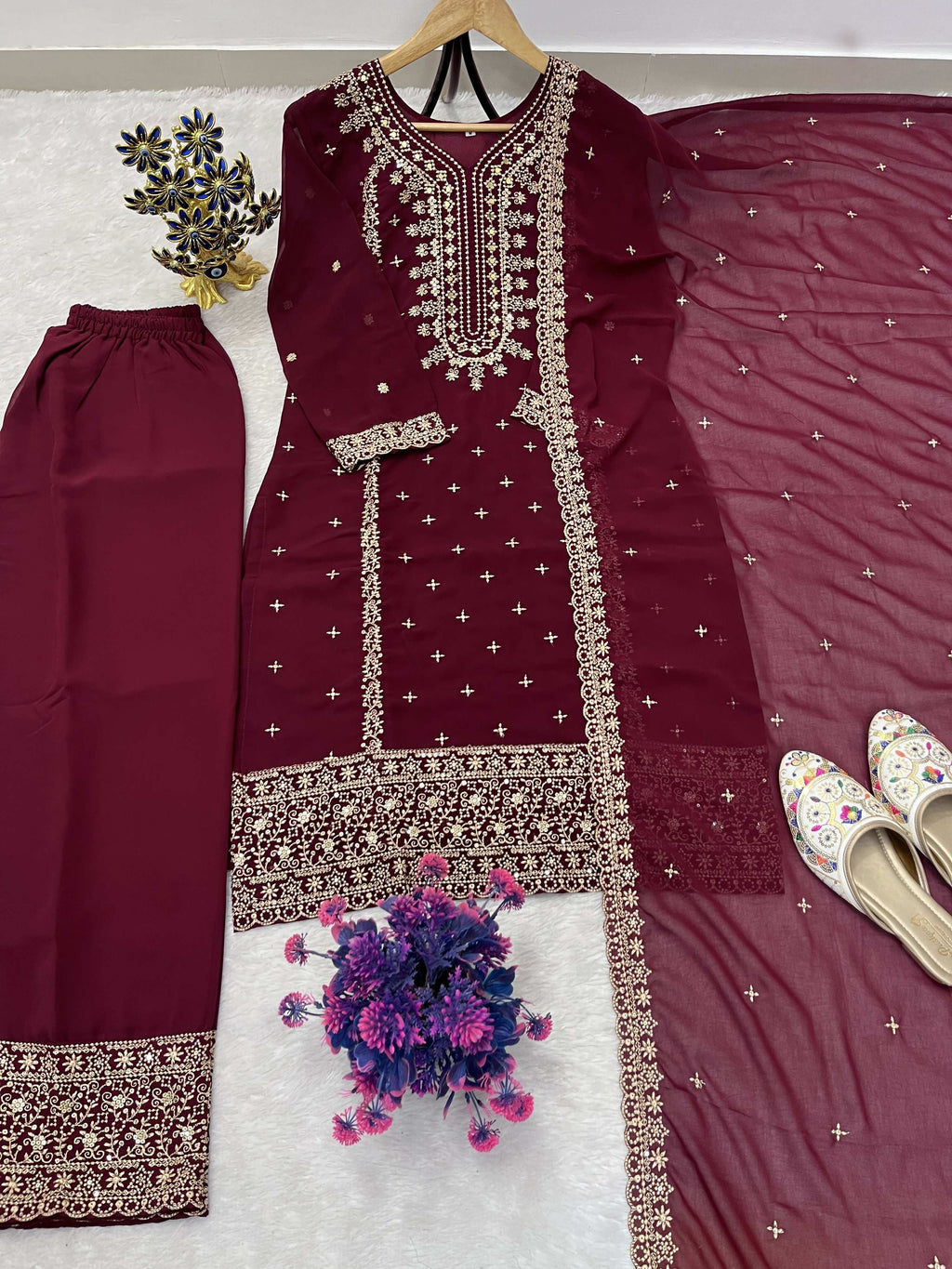 Teeya Creation Maroon Color Faux Georgette Embroidery Work Party Wear Salwar Suit | Grocsy