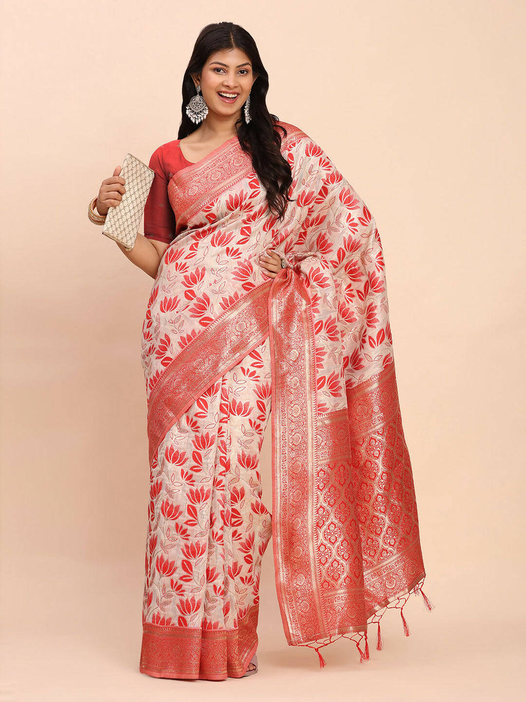 Shree Shyam Fashion Linen Cotton Red Saree | Grocsy