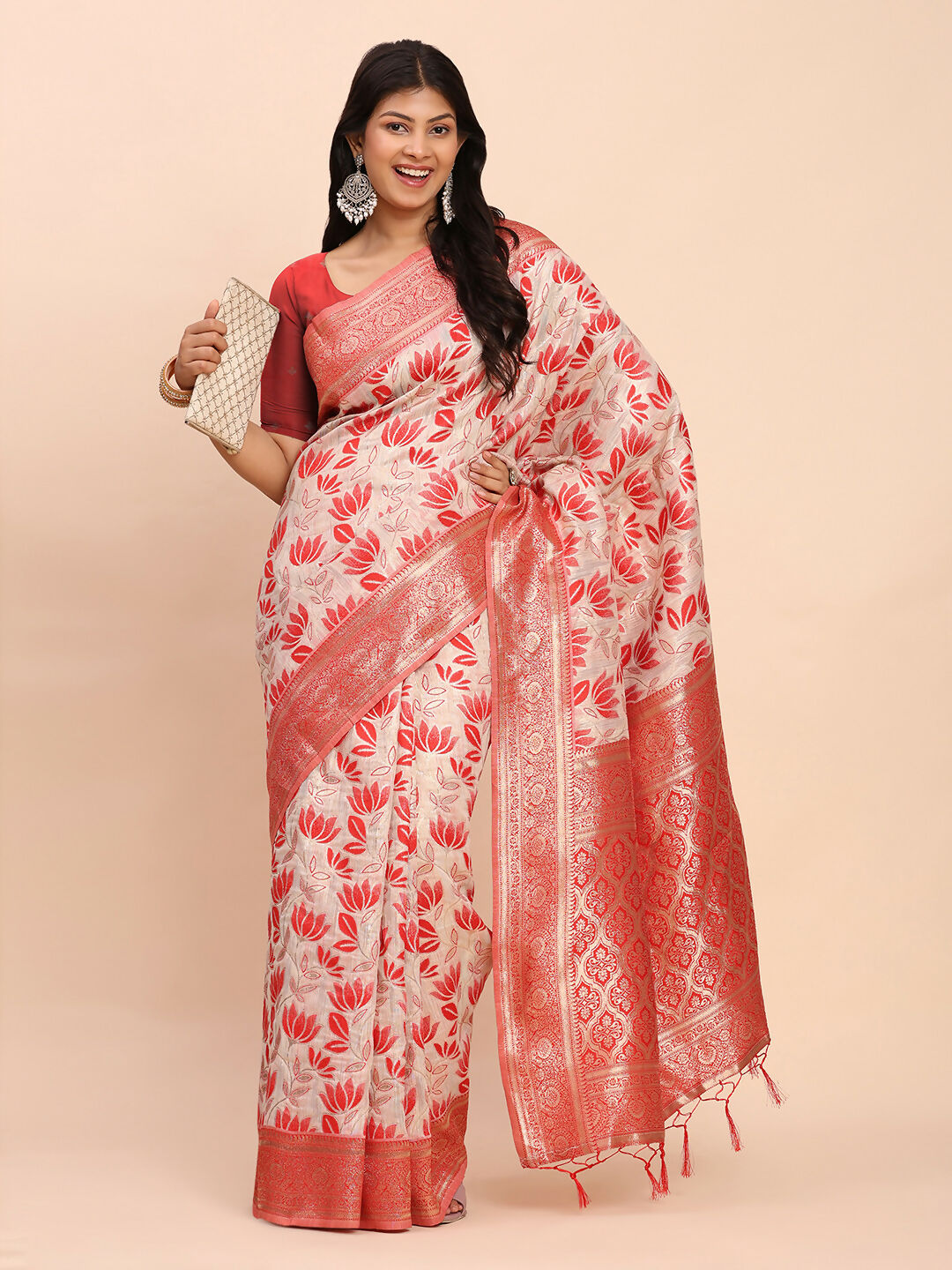 Shree Shyam Fashion Linen Cotton Red Saree | Grocsy