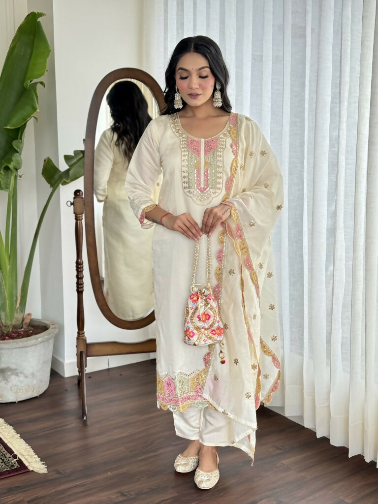 Cream Viscose chanderi Stitched Suit With Dupatta - Tanisha | Grocsy