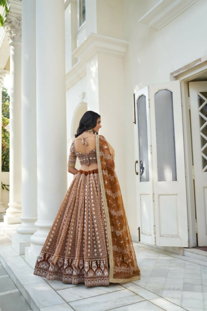Aastha Fashion Brown Butterfly Net White Cotton Thread Work And Sequence Work Embroidery Wedding Wear Lehenga Choli | Grocsy