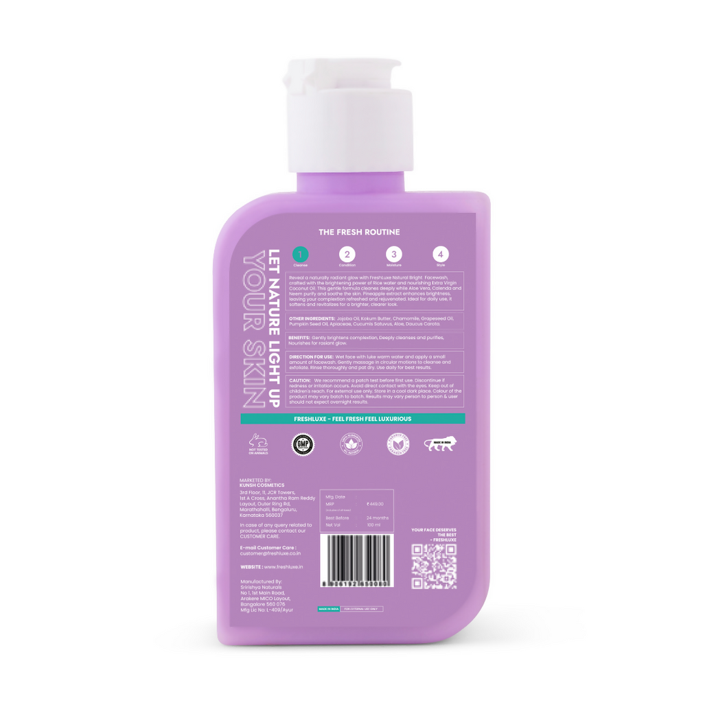 FreshLuxe Natural Bright Face Wash For Cleansing & Brightening Glass Skin with Rice Water & Extra Virgin Coconut Oil | Grocsy