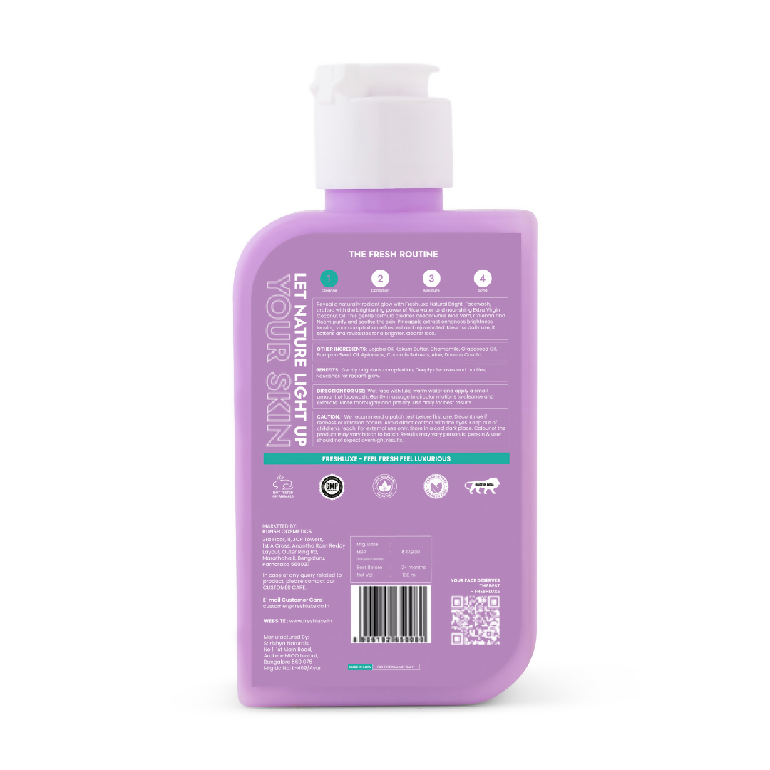 FreshLuxe Natural Bright Face Wash For Cleansing & Brightening Glass Skin with Rice Water & Extra Virgin Coconut Oil | Grocsy