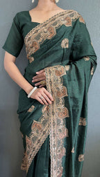 Vastranavya Green Vichitra Silk Zari with Swarovski Work Ready to Wear Saree | Grocsy