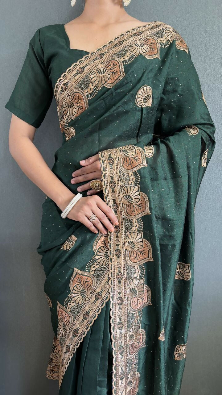 Vastranavya Green Vichitra Silk Zari with Swarovski Work Ready to Wear Saree | Grocsy