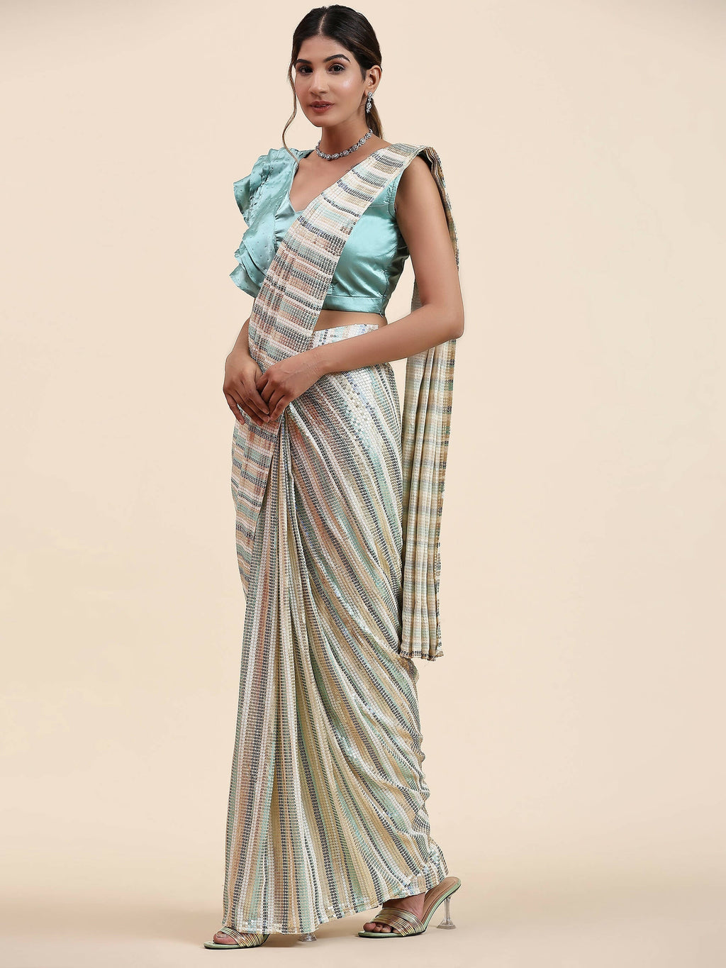 Sky Blue Pure Georgette Sequence work Ready to wear Saree with stitched Blouse - Satiksha | Grocsy