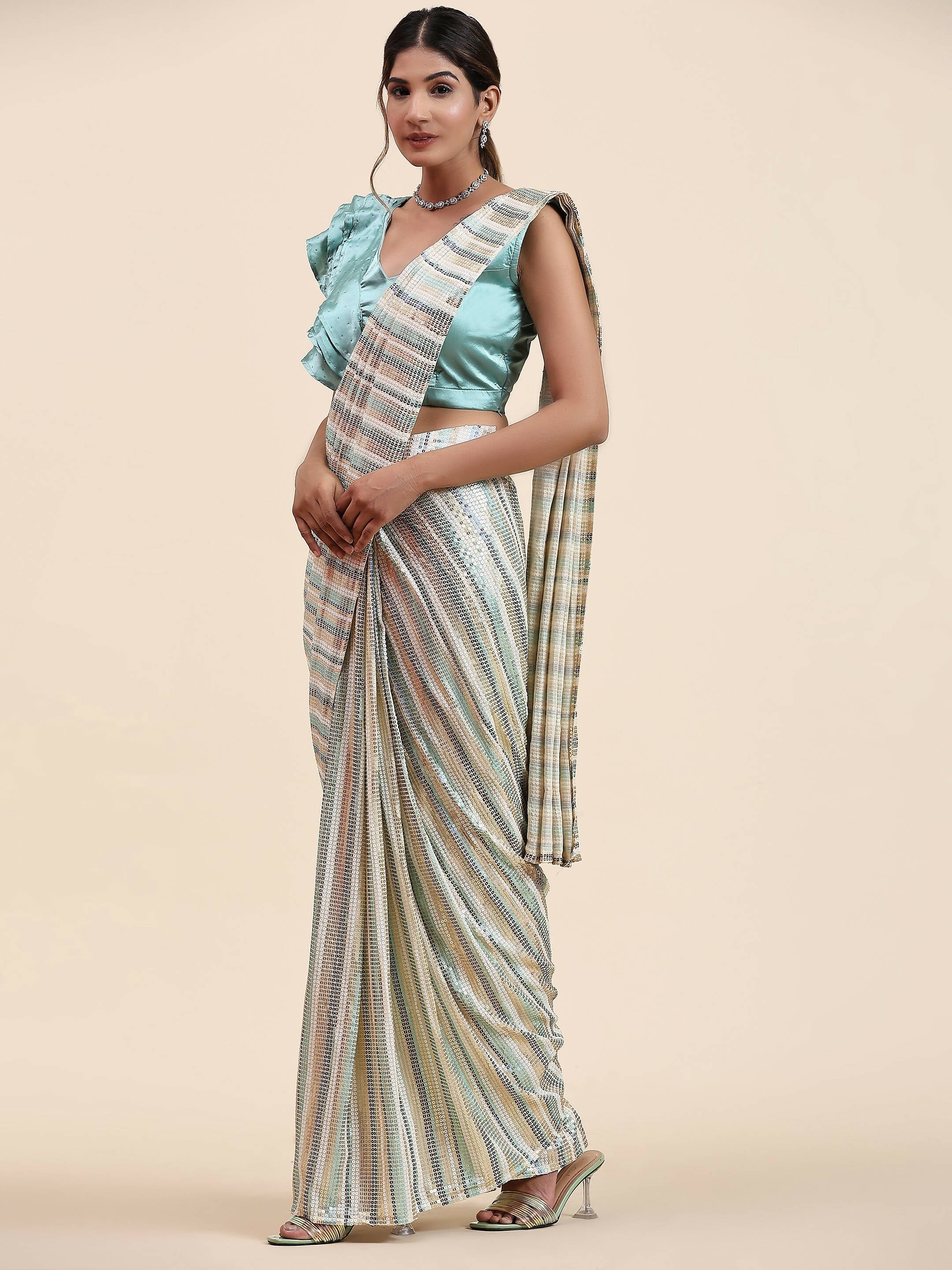 Sky Blue Pure Georgette Sequence work Ready to wear Saree with stitched Blouse - Satiksha | Grocsy