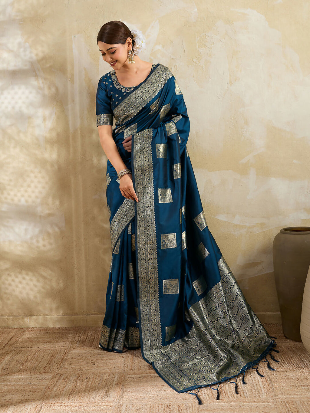 Shree Shyam Fashion Teal Blue Silk Blend Saree | Grocsy