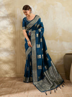 Shree Shyam Fashion Teal Blue Silk Blend Saree | Grocsy