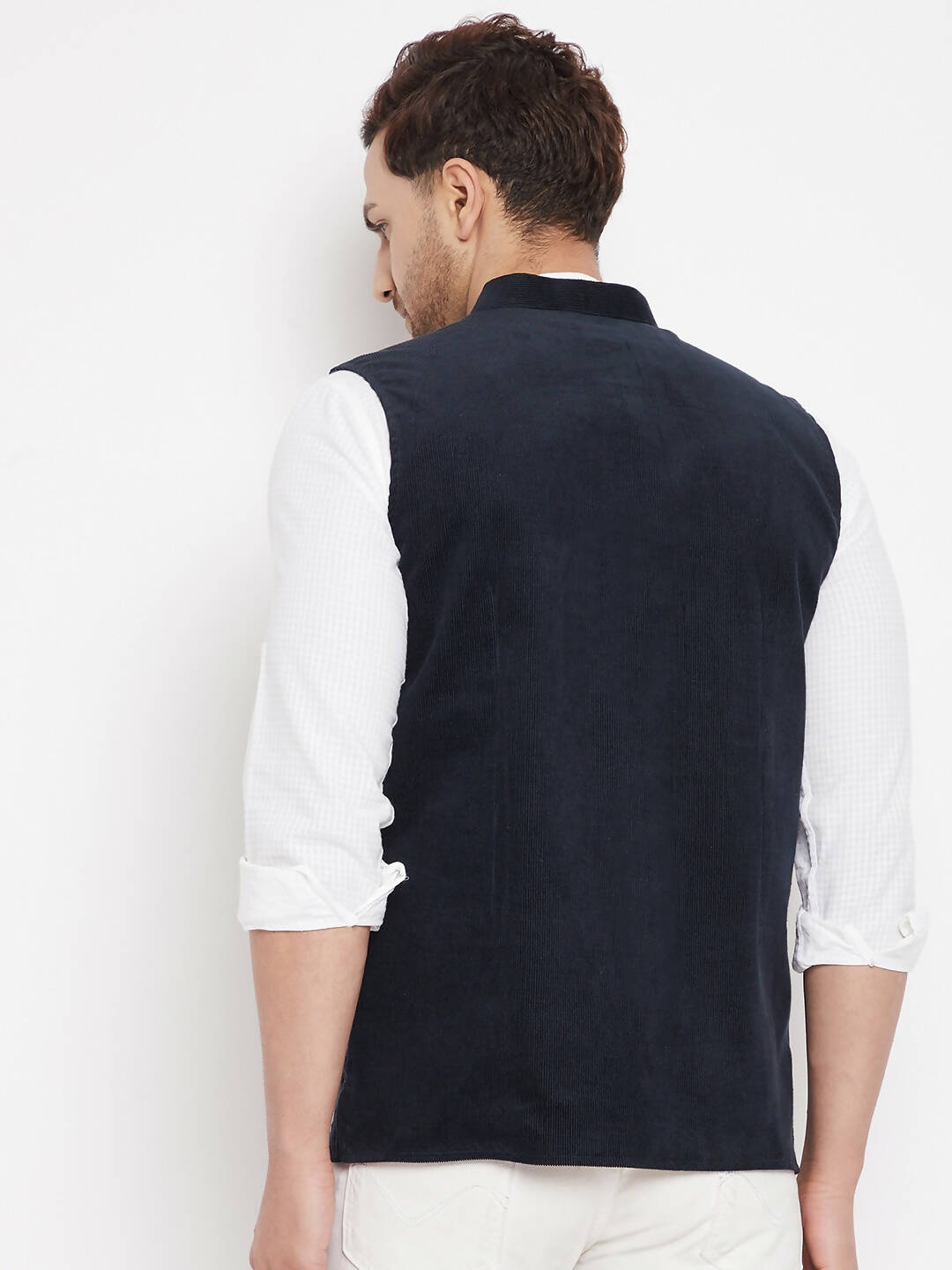 Even Apparels Navy Polyester Men's Nehru Jacket-Contrast Lining-Inbuilt Pocket Square | Grocsy